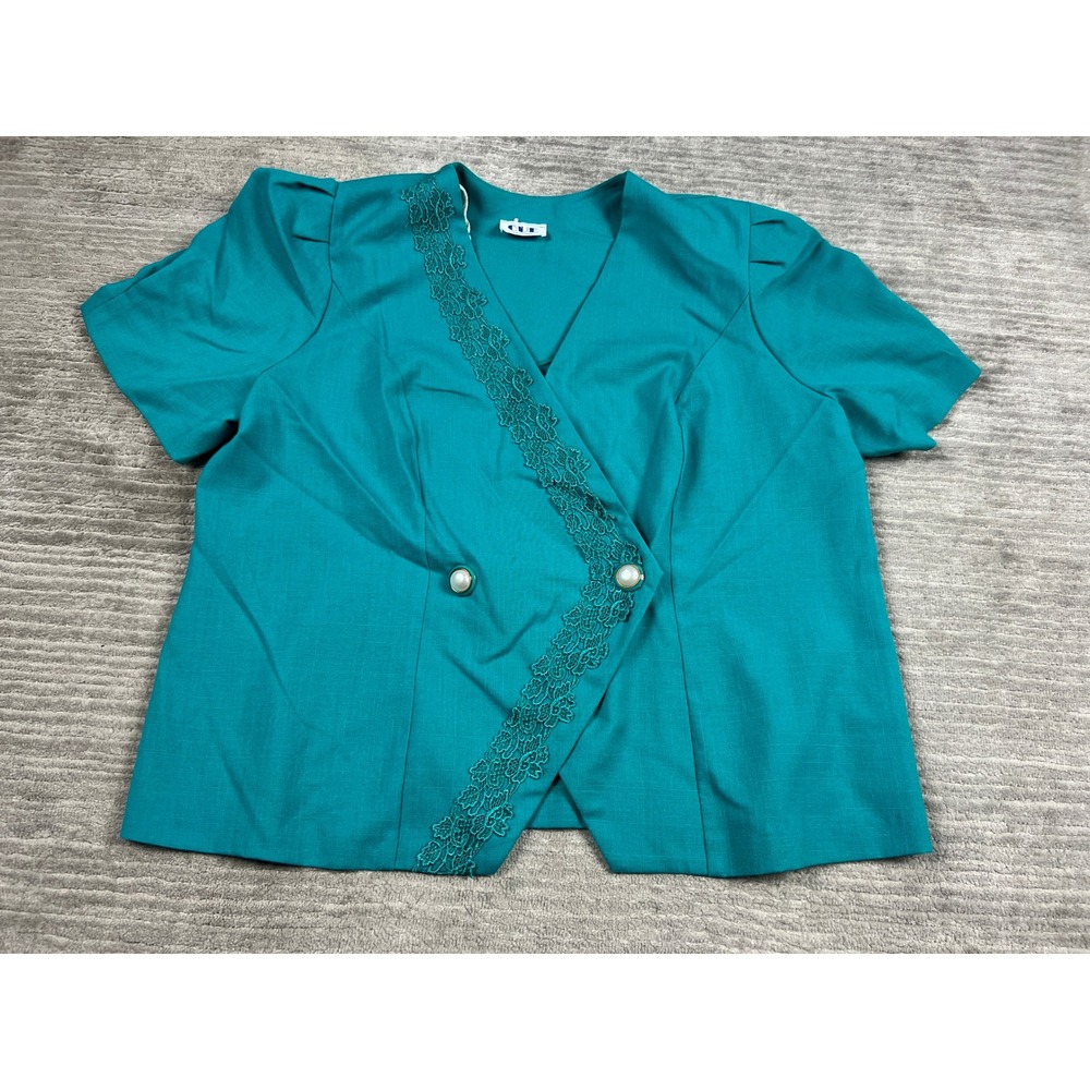 Cue Fashions Blazer Top Womens XL Teal Blue Lace Trim Pearl Button Vintage Wrap